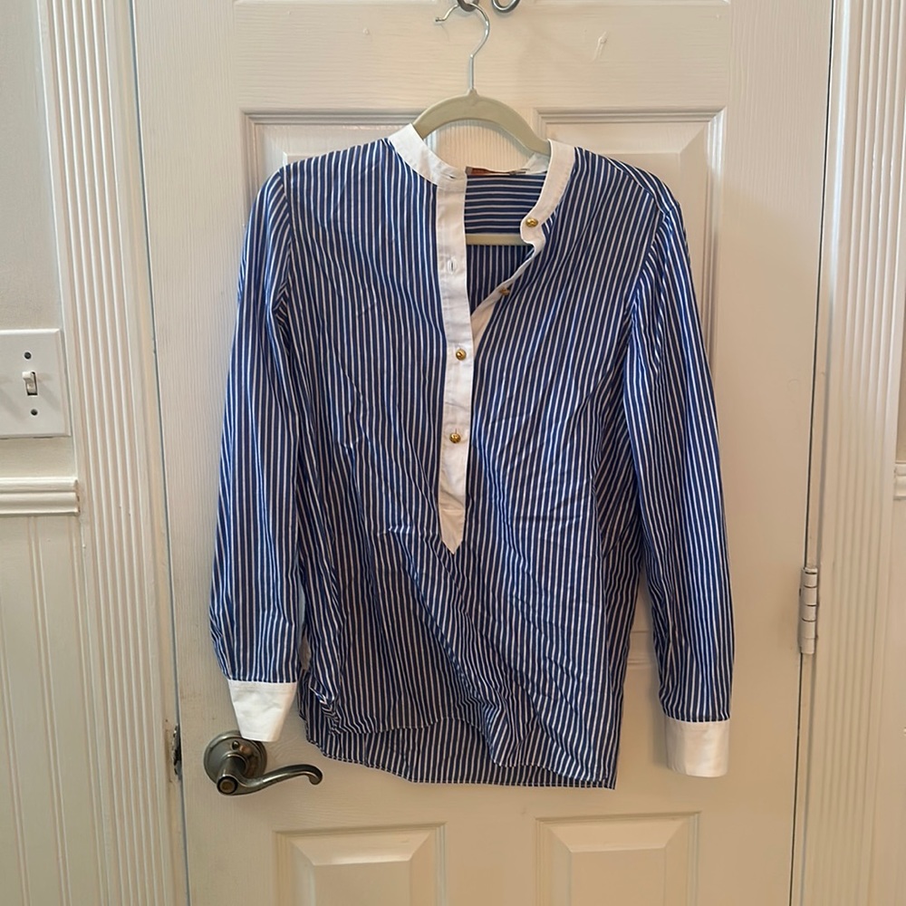 Blue and white striped Tory Burch dress shirt